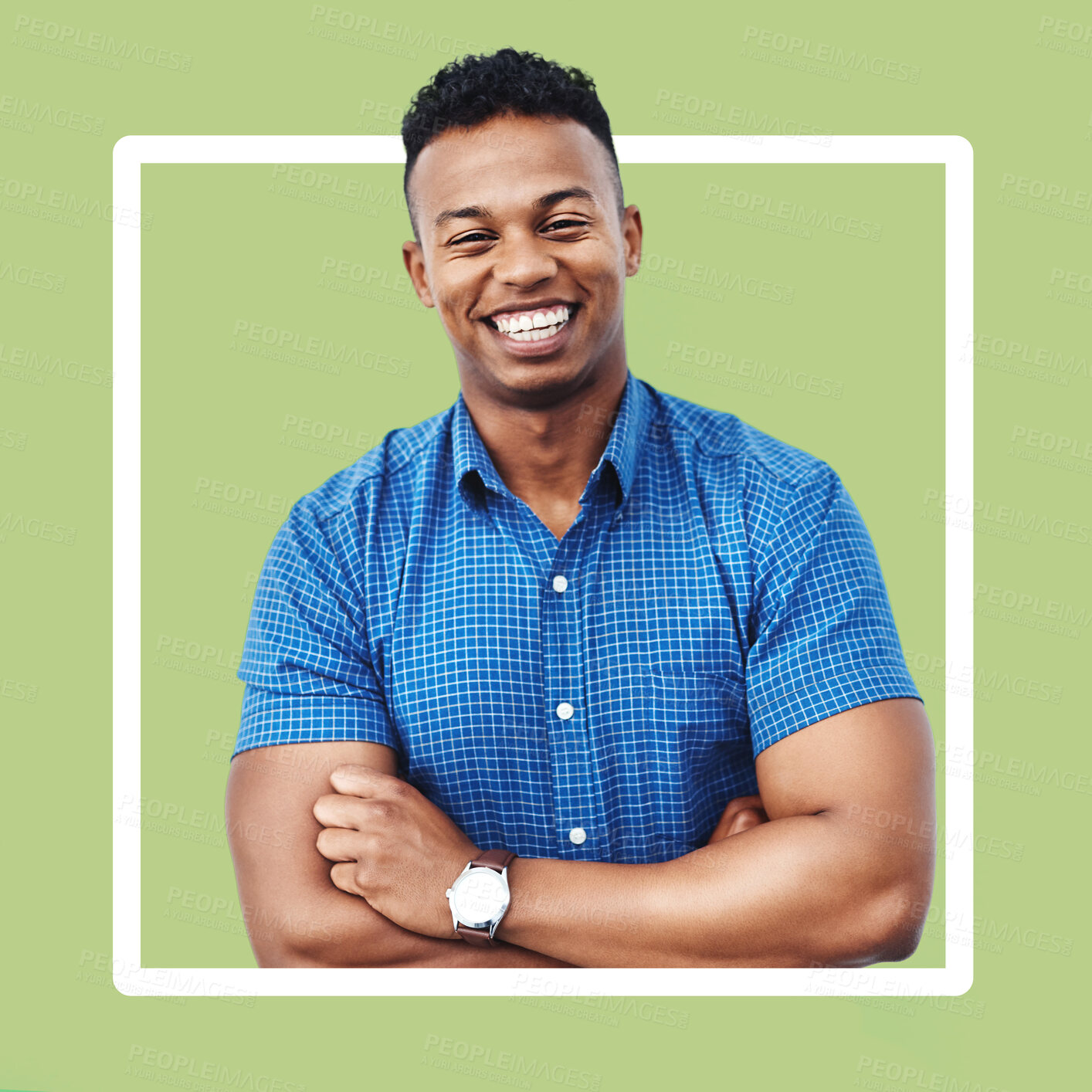 Buy stock photo Frame, portrait and border of black man smile, happy and excited with crossed arms isolated in studio bright green background. Handsome, person and creative worker with a positive mindset