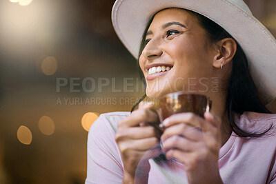 Buy stock photo Relax, cafe and woman on mockup with coffee, happy and smile while thinking on bokeh background. Restaurant, tea and contemplation by smiling girl relaxing with beverage, break and joy at coffee shop