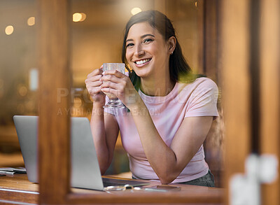 Buy stock photo Coffee shop, laptop and face of woman with remote work, online management career and virtual networking job with smile. Happy woman working in a restaurant or cafe with lunch break and portrait 