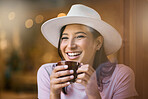 Cafe, relax and woman on mockup with coffee, happy and smile while sitting on bokeh background. Restaurant, tea and happiness by cheerful girl relaxing with a beverage, excited and at a coffee shop