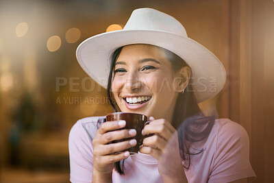 Buy stock photo Cafe, relax and woman on mockup with coffee, happy and smile while sitting on bokeh background. Restaurant, tea and happiness by cheerful girl relaxing with a beverage, excited and at a coffee shop
