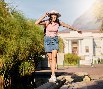 Buy stock photo Young woman, travel and adventure outdoor with fun and excited, holiday in summer with nature and happiness. Freedom, traveling and tour of countryside, care free gen z  with vacation in Argentina