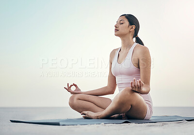 Buy stock photo Relax, woman and yoga in nature for wellness, peace and zen, pose and balance on light mockup sky. Fitness, girl and meditation, training and energy outdoor for peaceful, mindset and chakra workout