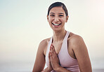Woman, portrait and yoga in nature for wellness, peace and zen, pose and balance on light background. Face, girl and meditation, training and energy outdoor for peaceful, mindset and chakra workout