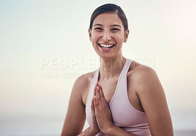 Buy stock photo Woman, portrait and yoga in nature for wellness, peace and zen, pose and balance on mockup sky. Face, girl and meditation, training and energy outdoor for peaceful, mindset and chakra workout