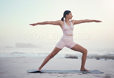Buy stock photo Woman, yoga pose and posture at beach for wellness, peace and zen, balance and sea background. Fitness, girl and meditation, training and energy outdoor for peaceful, mindset and chakra workout
