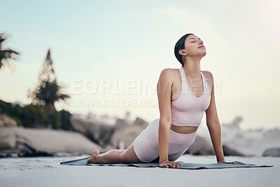 Buy stock photo Yoga, stretching and woman on a beach floor for wellness, peace and zen, pose and balance on sky background. Meditation, stretch and girl relax with training, energy and peaceful, mindset or workout