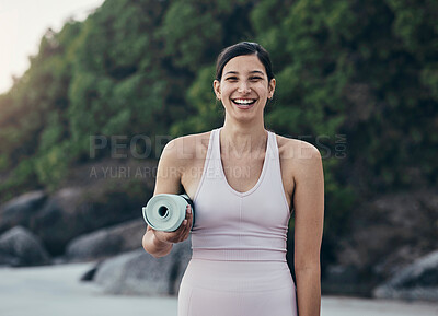 Buy stock photo Yoga woman, fitness and portrait in nature while outdoor for exercise, training and workout. Happy model person with mat for zen, peace and holistic time for health and wellness with beach pilates