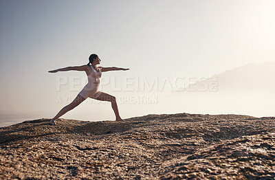 Buy stock photo Mockup, woman and yoga at the beach for wellness, zen and peace against sky and nature mockup. Calm, standing and meditation by girl at sea for energy, exercise and fitness, balance or workout