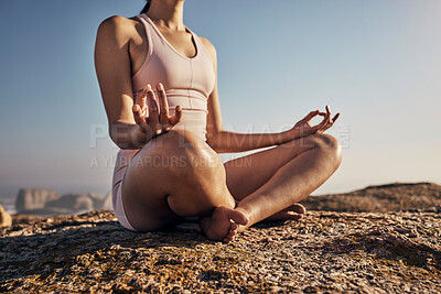 Buy stock photo Hands, yoga and woman in lotus pose in nature for wellness, peace and zen on blue sky mockup. Fitness, girl and meditation, training and energy outdoor, mindset, breathing and posture workout