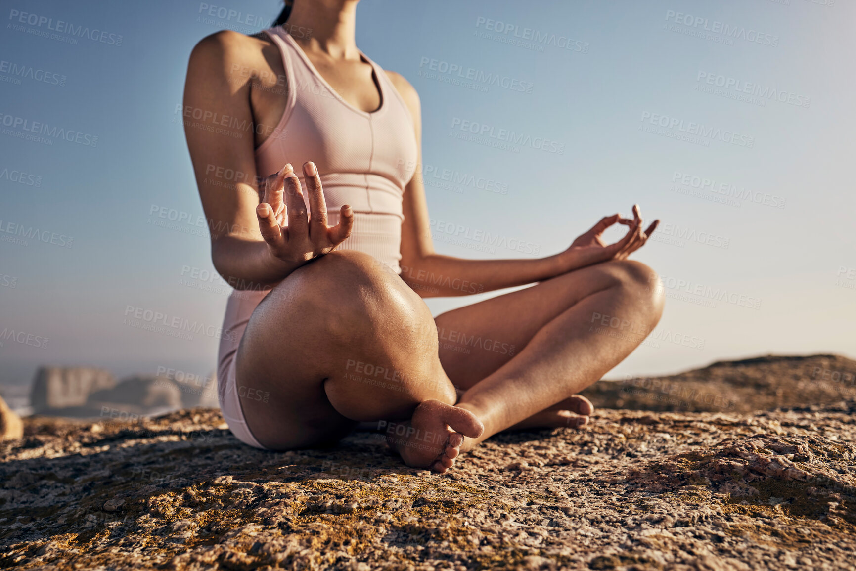 Buy stock photo Hands, yoga and woman in lotus pose in nature for wellness, peace and zen on blue sky mockup. Fitness, girl and meditation, training and energy outdoor, mindset, breathing and posture workout