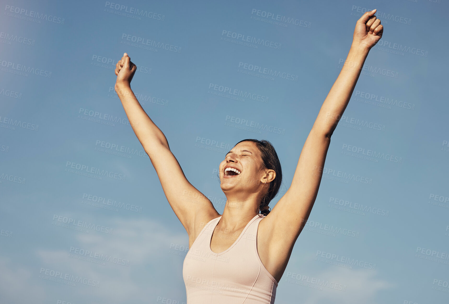 Buy stock photo Fitness success, workout and woman arms in air for workout achievement outdoor. Excited, smile and athlete with blue sky feeling freedom from motivation and happiness with exercise target goal