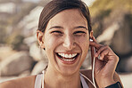 Music, fitness and portrait of woman at the beach for running, training and cardio on blurred background. Happy, face and radio for girl in nature for exercise. wellness and motivation with podcast