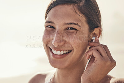 Buy stock photo Fitness, music and portrait of woman at the beach for running, training and cardio on mockup background. Happy, face and radio for girl in nature for exercise, wellness and motivation with podcast