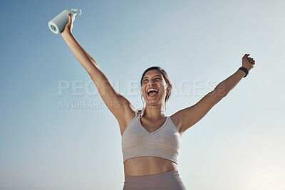 Fitness success, blue sky and woman arms in air with water bottle outdoor. Excited, happy smile and athlete with sports feeling freedom from motivation and happiness with exercise target goal