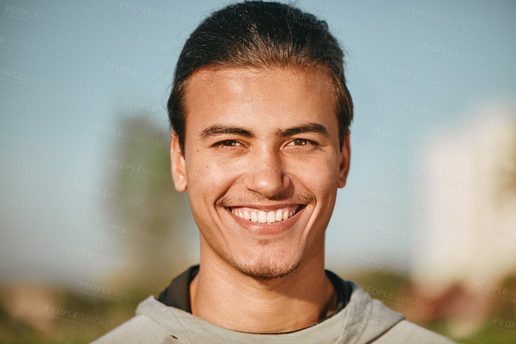 Buy stock photo Face, portrait and smile of fitness man in nature ready to start exercise, workout or training. Sports, wellness and happy male athlete from Canada with exercising goals, targets and motivation.