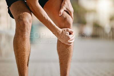 Buy stock photo Knee pain of runner or man hands for fitness healthcare risk, muscle accident or training problem in city. Running, cardio and workout legs injury of athlete person stop in street for muscle massage