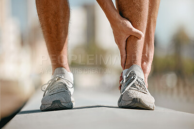 Buy stock photo Ankle pain of runner or man hands for fitness healthcare risk, muscle accident or training problem in city. Running, cardio and workout foot injury of athlete person stop in street for legs massage