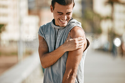 Buy stock photo Fitness, arm pain and man with injury after workout, exercise or training accident in city. Sports, health and male athlete with fibromyalgia, inflammation or arthritis, broken bones or painful arms.