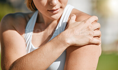 Buy stock photo Closeup, exercise and woman with shoulder pain, outdoor and inflammation after training, workout and tension. Female, lady and athlete with muscle strain, ache and injury after practice and running 