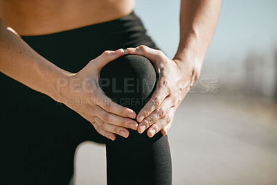 Buy stock photo Injury, pain and hand holding knee while running, exercise accident and leg problem while training. Fitness, emergency and woman with a muscle strain, ligament sprain and body spasm during a workout