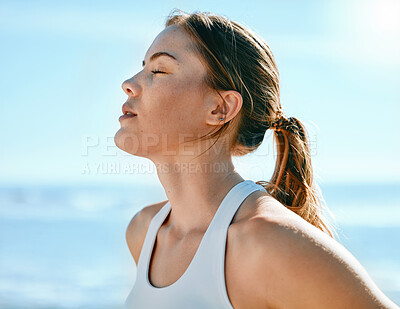 Buy stock photo Face, breathing and sweating with an exercise woman outdoor in nature for a cardio or endurance workout. Fitness, breath or sweat and an attractive young female athlete standing with her eyes closed