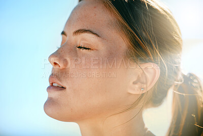 Buy stock photo Face, breath and sweat with an exercise woman outdoor in nature for a cardio or endurance workout. Fitness, breathing or sweating and an attractive young female athlete standing with her eyes closed