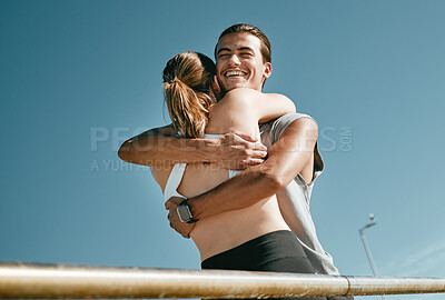 Buy stock photo Fitness, couple and hug for achievement, workout goal and happiness outdoor, training and exercise. Man, woman and athlete embrace for celebration, growth and target for practice, wellness and health