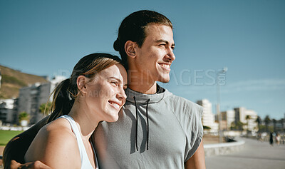 Buy stock photo Couple, hug and fitness while happy outdoor with love, care and support in city park in Miami. Man and woman thinking about workout, mental health and healthy lifestyle for body and mind with partner