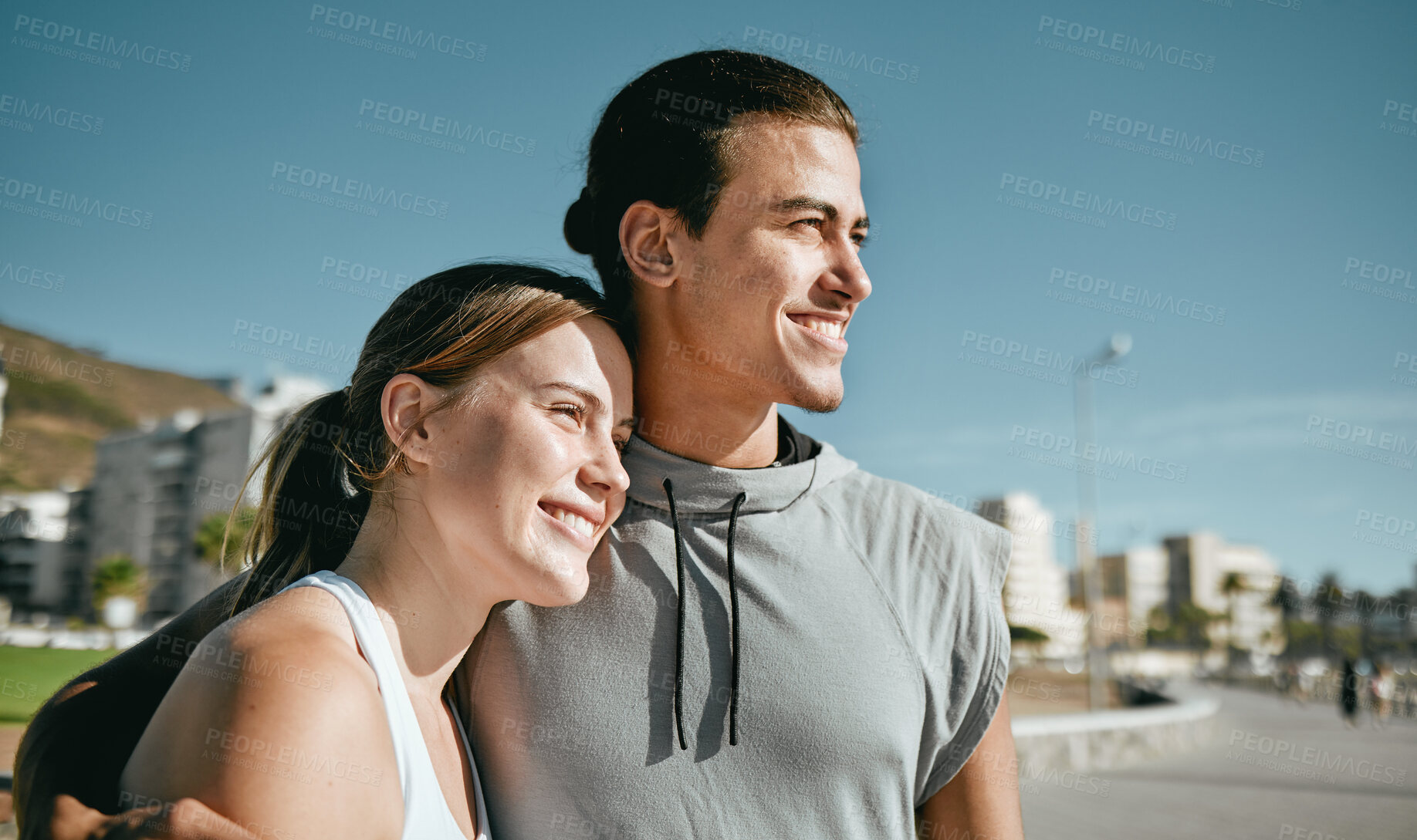 Buy stock photo Couple, hug and fitness while happy outdoor with love, care and support in city park in Miami. Man and woman thinking about workout, mental health and healthy lifestyle for body and mind with partner