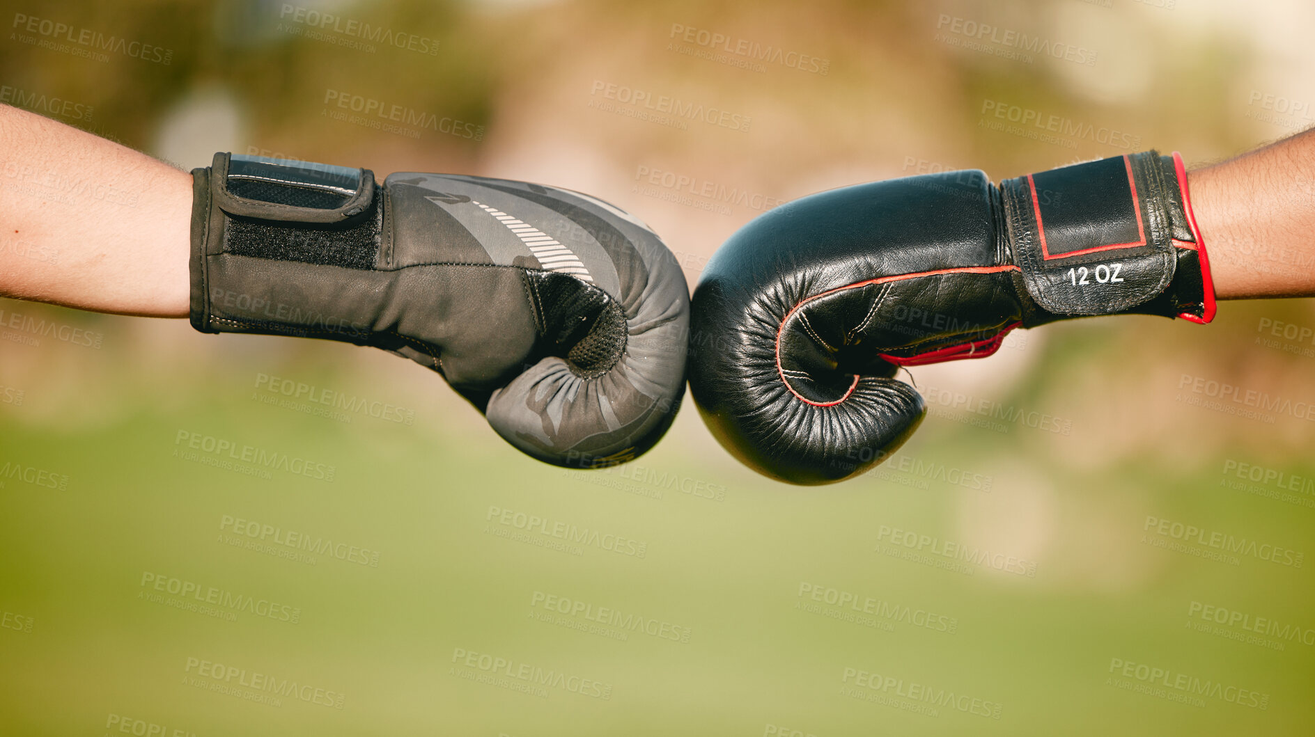 Buy stock photo Boxing, gloves and fist bump with a boxer team outdoor together for sportsmanship, unity or solidarity. Sports, teamwork and motivation with an athlete partnership training in collaboration outside