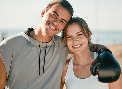 Buy stock photo Couple, fitness and exercise portrait for boxing, training and happy about partner outdoor. Face of woman and man personal trainer hug at park for sport workout or mma training for motivation smile