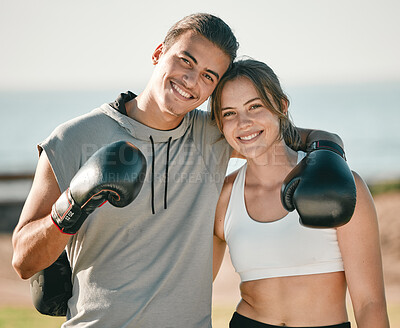 Buy stock photo Couple, fitness and boxing exercise portrait outdoor in nature park for health and wellness. Woman and personal trainer happy about sports workout or mma training with motivation, energy and coaching