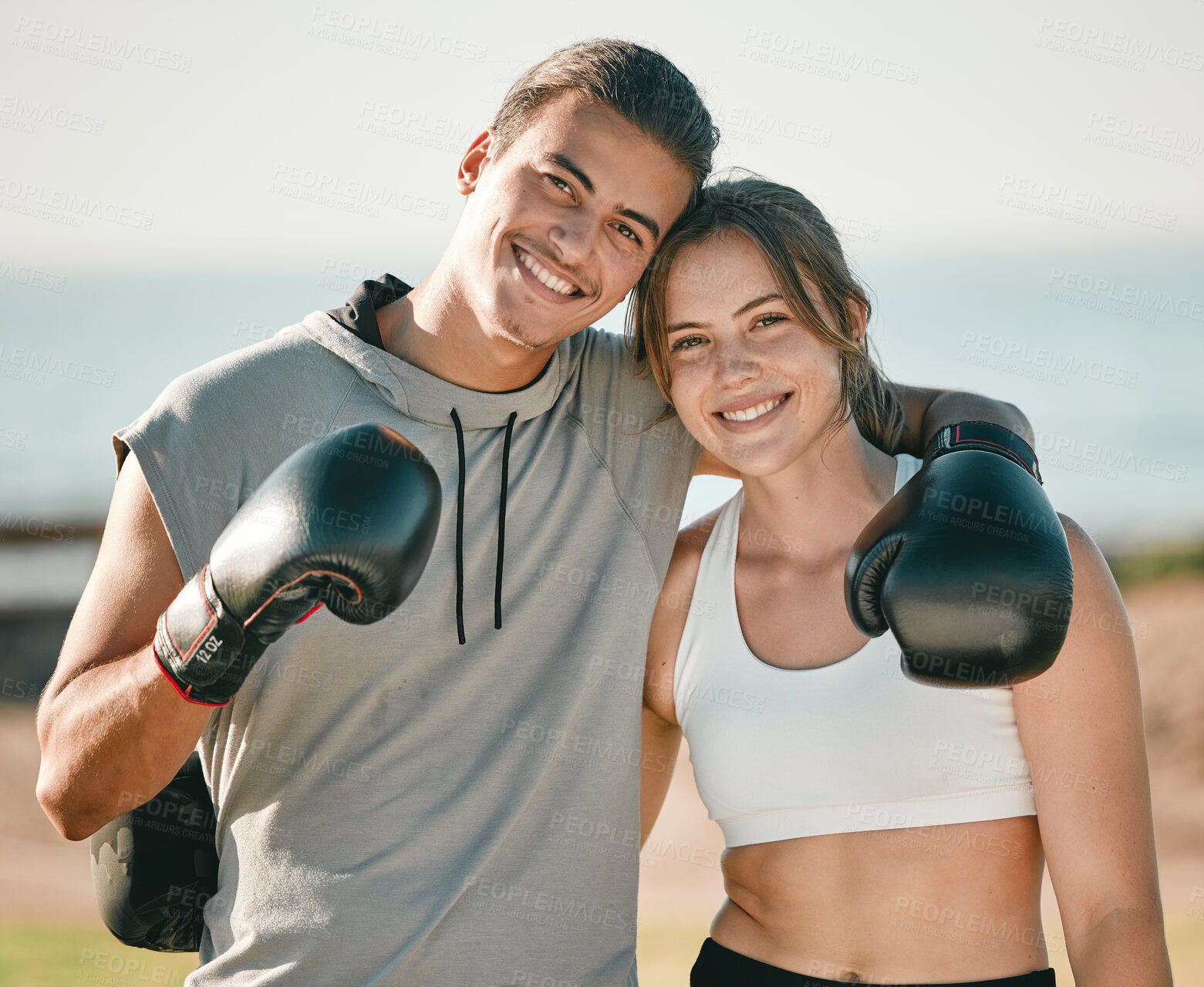 Buy stock photo Couple, fitness and boxing exercise portrait outdoor in nature park for health and wellness. Woman and personal trainer happy about sports workout or mma training with motivation, energy and coaching