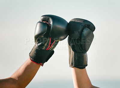 Buy stock photo Boxer, boxing gloves and friends fist bump in celebration, collaboration and teamwork in combat sports outdoors. Fighter, hands and people training together as workout, exercise and fitness