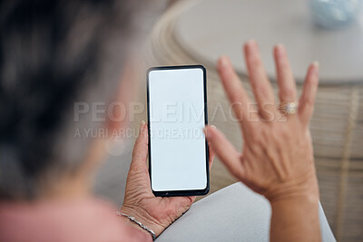 Buy stock photo Woman, phone and video call on mockup screen, online virtual communication or social networking connection. Hands wave hello on mobile mock up with technology, digital voip and smartphone media space