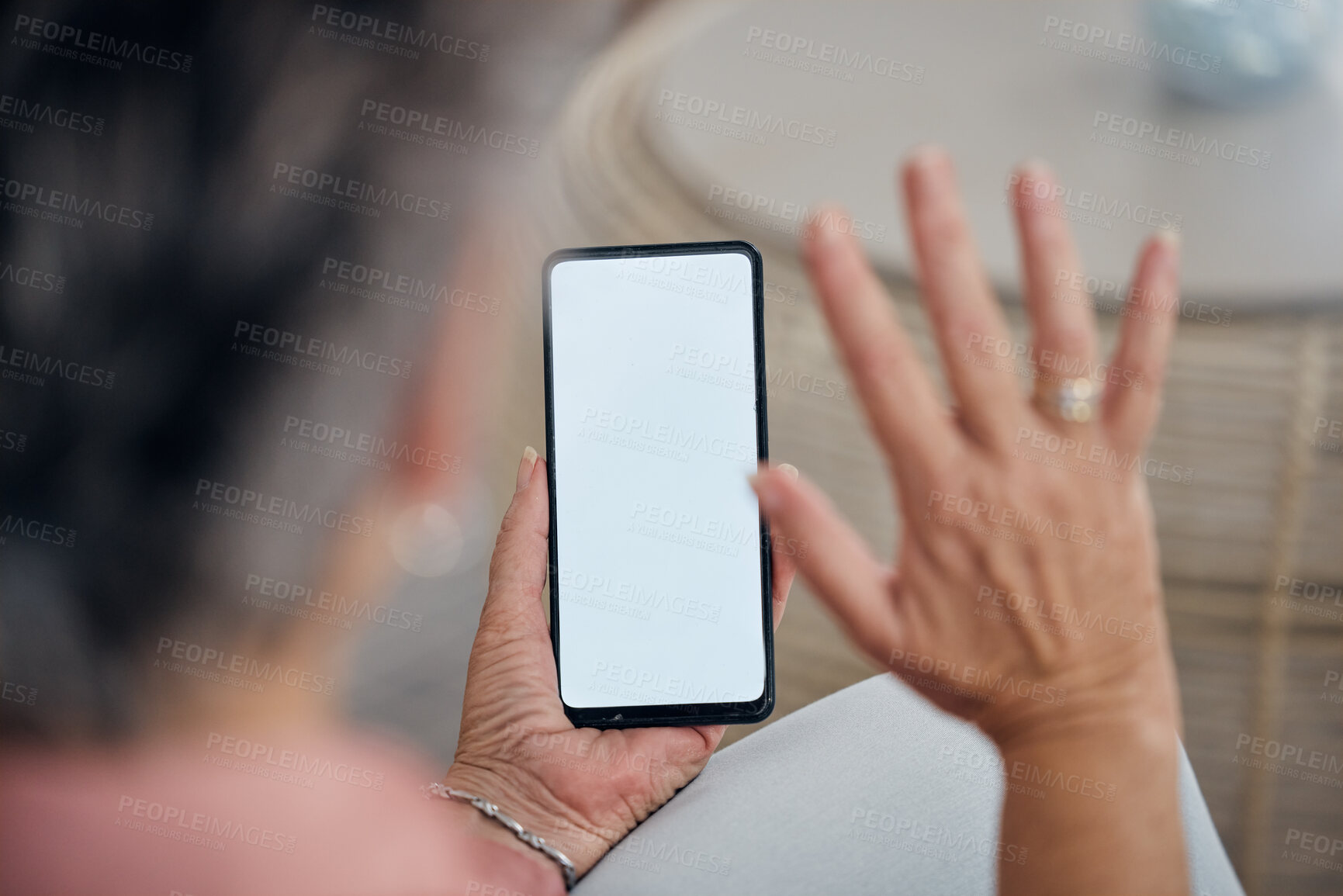 Buy stock photo Woman, phone and video call on mockup screen, online virtual communication or social networking connection. Hands wave hello on mobile mock up with technology, digital voip and smartphone media space