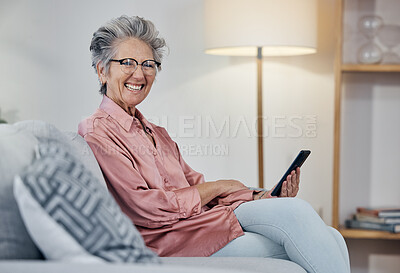 Buy stock photo Old woman in portrait with smartphone, communication and relax at home, social media and happy with technology. Retirement, internet and chat online with wifi, happiness with ebook or news on website