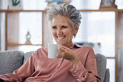 Buy stock photo Senior woman, couch and coffee to relax with funny, comic or happy me time for smile in house lounge. Elderly lady, sofa and tea with happiness in home living room in retirement with crazy laughing