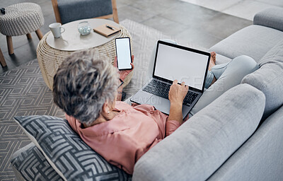 Buy stock photo Woman, phone and laptop with mockup media on sofa, screen and living room connection for social networking. Female, home and mock up technology space for digital download, online contact and search