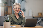 Phone call, remote work and senior lawyer woman talking legal advice on mobile conversation working with smile and happy. Old, elderly and mature businesswoman with positive communication