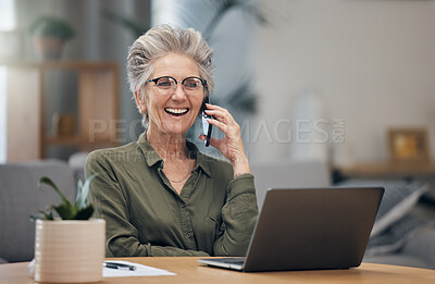 Buy stock photo Phone call, remote work and senior lawyer woman talking legal advice on mobile conversation working with smile and happy. Old, elderly and mature businesswoman with positive communication
