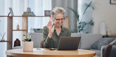 Buy stock photo Laptop, video call and remote work with a senior woman at work in her home office for business communication. Computer, virtual meeting and planning with a mature female employee waving at her webcam
