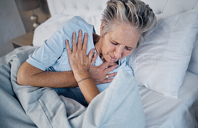 Buy stock photo Heart attack, senior woman and chest pain, anxiety or medical emergency in her bedroom. Heartburn, stress or stoke of elderly person cardiology, breathing and lung problem with healthcare risk