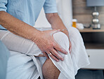 Knee pain, elderly woman and health with hand, injury and old age, medical emergency with sick person and wellness. Inflammation, muscle tension and frail, arthritis or fibromyalgia with healthcare 