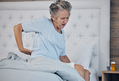 Buy stock photo Back pain, elderly woman and health with injury and old age, medical emergency with sick person and wellness. Inflammation, muscle tension and spine, arthritis or fibromyalgia with healthcare 