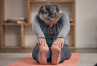 Buy stock photo Elderly woman, yoga stretching and home on floor for wellness, health and fitness of body in retirement. Senior lady, workout and training on in living room for healthy muscle, legs and calm mindset