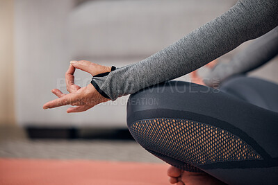 Buy stock photo Closeup hands, yoga and meditation for woman on home floor for wellness, health and fitness of body. Elderly lady, workout and training in living room for healthy muscle, relax and calm mindfulness