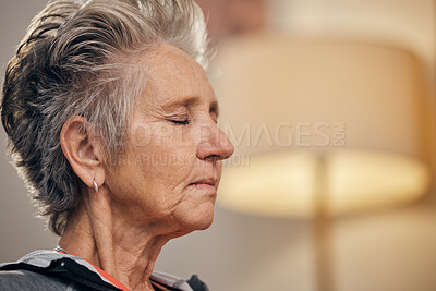 Buy stock photo Senior woman, yoga and breathing on mockup in meditation for spiritual wellness or zen exercise at home. Elderly female breathe in relax for healthy meditating, fitness or awareness and stress relief