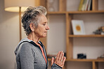 Senior woman, yoga and calm meditation in spiritual wellness for zen, exercise or peaceful at home. Elderly female meditating practice in relax for healthy fitness, awareness or stress relief indoors